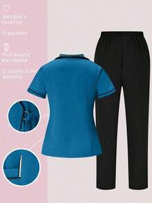 Conjunto de uniformes médicos: Parte superior de cuello en V de manga corta y pantalones para trabajadores de la salud - Agua verde azul - Ver 2