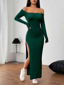 Vestido largo rojo sexy con hombros descubiertos y abertura alta - Verde Oscuro - Ver 3