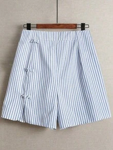 Pantalones cortos de mujer talla grande, casuales, para ir al trabajo o salir, con diseño de abertura redonda, cintura elástica y decoración de nudo chino con botones - Multicolor - Ver 6