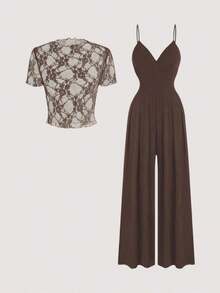 Conjunto de 2 piezas de mujer con tirantes finos y ajustado, moda de verano - Café integral - Ver 7