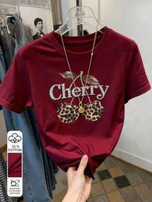 Camiseta de mujer de manga corta y cuello redondo casual de 56% algodón con estampado de leopardo y cereza, regalo para amigos - Burdeos - Ver 4