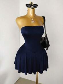 Vestido mini sin tirantes con dobladillo de volantes para mujer - Azul marino - Ver 4
