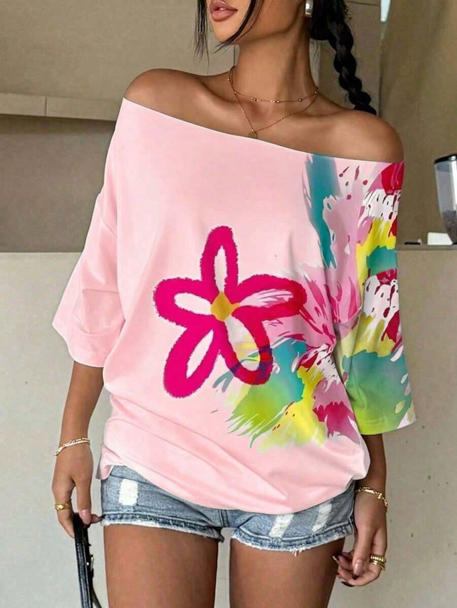 Camiseta suelta de mujer con estampado floral y hombros descubiertos, manga 3/4 - Rosa - Ver 1