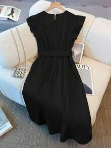 Vestido de mujer de longitud media, cómodo y suave, sin estiramiento, con cuello redondo, mangas de vuelo, cintura elástica, decoración de botones de perla, estilo francés elegante y versátil para vacaciones y viajes, color albaricoque, primavera - Negro - Ver 2