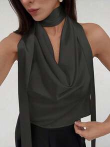 elegante de diosa para mujer en color albaricoque, ideal para dama de honor, boda, fiesta, cita, vacaciones románticas.Diseño fluido, con cuello halter y espalda descubierta, sexy, para verano y vacaciones - Gris Oscuro - Ver 8
