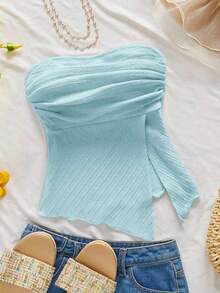 Top de tubo plisada de estilo elegante, romántico y elegante para uso diario, de color amarillo, adecuada para fiestas, vacaciones en la playa, vuelta al colegio, citas románticas, temporada de bodas, cumpleaños, Pascua, primavera/verano - Azul - Ver 1