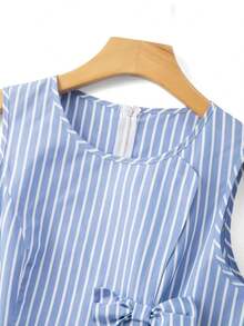 Vestido de línea A con cintura ceñida, decorado con lazo, a rayas azul y blanco, adecuado para la escuela, picnic de fin de semana, salida casual con amigos, de estilo fresco y dulce - Azul y blanco 3 - Ver 4