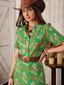 xheWildy Vestido midi bohemio de verano estilo vintage con estampado, estilo occidental americano country casual para mujeresxhe - Verde - Ver 11