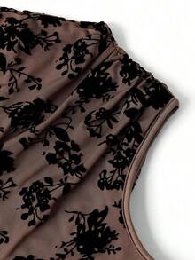 Vestido elegante de longitud media con pliegues y estampado de lunares para mujer - Marrón - Ver 3