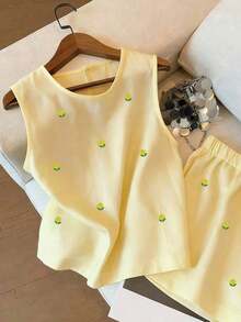Conjunto de top de tirantes y shorts con bordado floral diminuto - Amarillo claro - Ver 4