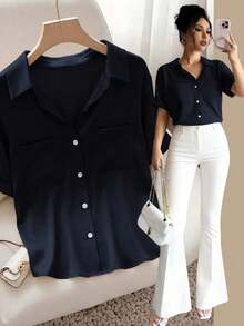Camisa de polo elegante y sencilla con cuello trenzado al estilo francés para mujer, blusa elegante, uso casual, verano, color clásico y versátil, nueva camisa de moda para uso casual, oficina y trabajo, uso versátil y elegante para el día a día, - Azul marino - Ver 5