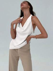 Top sin mangas ajustado para mujer con cuello en pico minimalista y elegante para el uso diario - Blanco - Ver 4