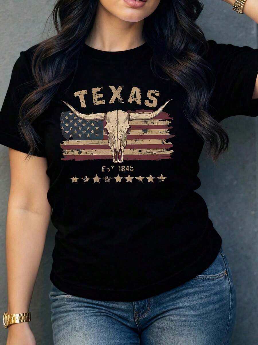 Women's T-Shirt With Bull Skull And Vintage-Style Flag Print, Original And Modern Design For A Casual And Comfortable Look, Ideal To Combine With Your Favorite Jeans. - 黑色 - 查看 1
