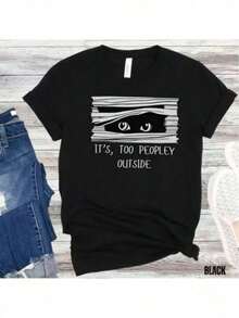 Women's 100% Cotton Short-Sleeved T-Shirt, Casual, Printed With The Slogan "Cat's Eyes Peeking Out Because There Are Too Many People Outside", Fashionable Sports T-Shirt Suitable For Daily Casual Outings And Holidays. - 黑色 - 查看 2