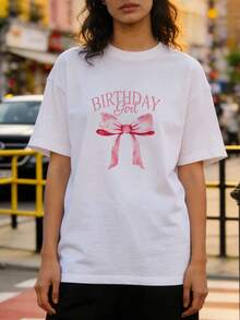 Women's Summer Clothing, Soft And Casual Cotton T-Shirt With Round Neck, Large Pink Bow Print And The Words "BIRTHDAY Girl". White Color. - 白色 - 查看 2