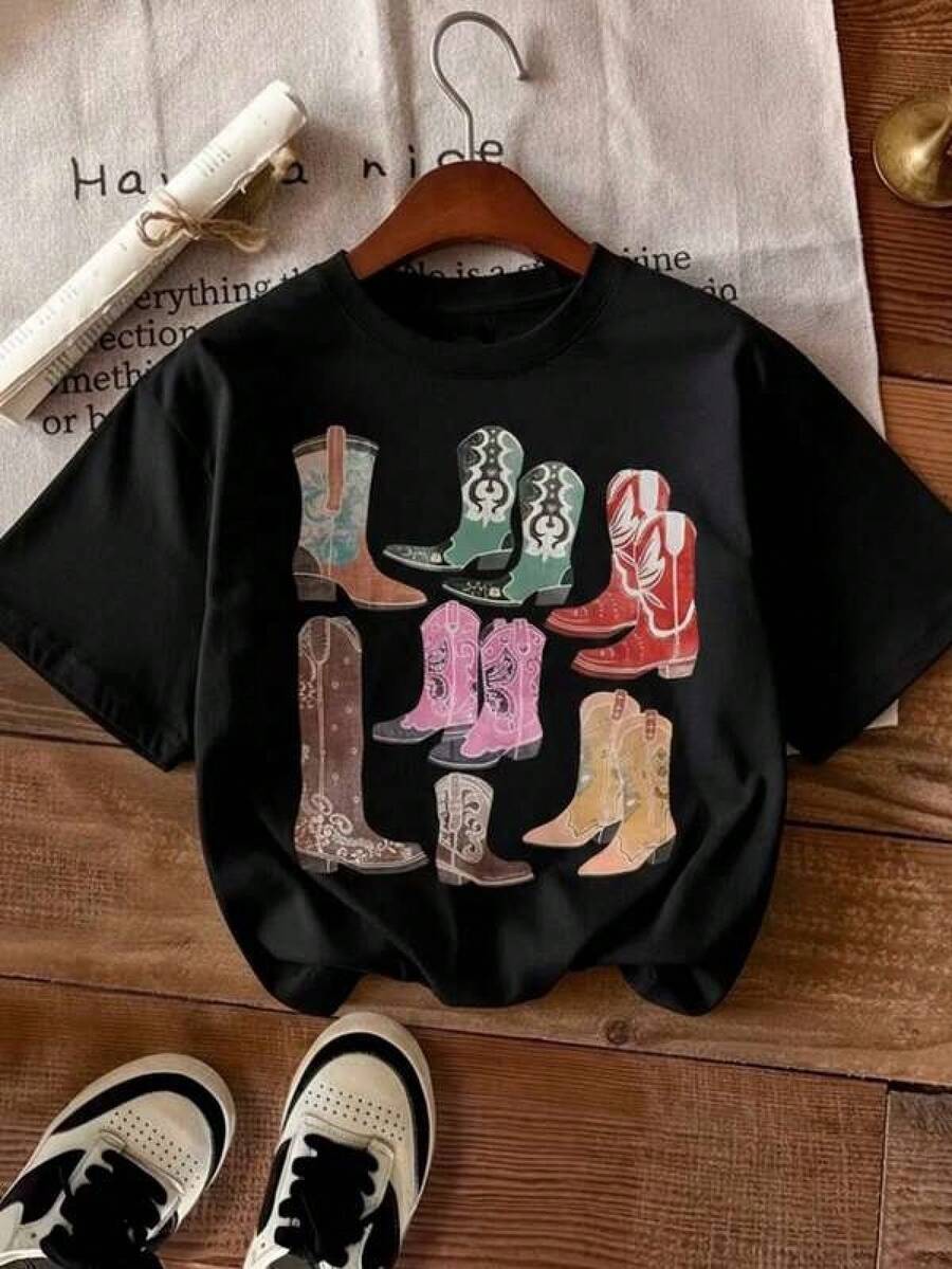 1pc Camisetas para mujer,Camisetas Para Hombre,cuello redondo,estilo urbano juvenil,estilo streetwear,diseño de moda callejera,ideal para uso informal diario - Negro - Ver 1
