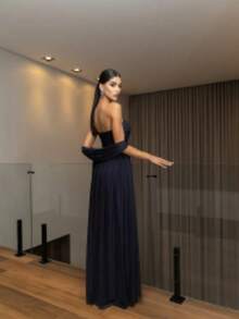 Long Dress With Cape For Wedding, Evening, Or Graduation. - Navy Blue - View 2