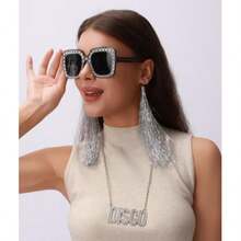 Bộ 3 món Disco Starry | Kính mắt mèo đính đá lấp lánh + Khuyên tai tua rua + Dây chuyền chữ cái, Bộ trang sức nổi bật cho bữa tiệc! Kết hợp hoàn hảo với váy sequin, quần ống loe, áo ánh kim - Tỏa sáng rực rỡ dưới ánh đèn, hoàn toàn phù hợp với chủ đề. Phong cách retro, cá tính Y2K, đạo cụ tuyệt vời cho các buổi chụp ảnh, kính mắt và khuyên tai tua rua tạo nên những bức ảnh kỳ diệu. - Bạc - Xem 2