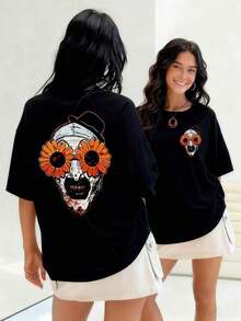 Skull With Vibrant Sunflowers Obscuring Its Eyes, Women's T-Shirt, 100% Cotton; Represents A Colorful And Optimistic Rebirth, Celebrating Life In Memory Of The Deceased. Suitable For Spring, Summer And Autumn - Black - View 1