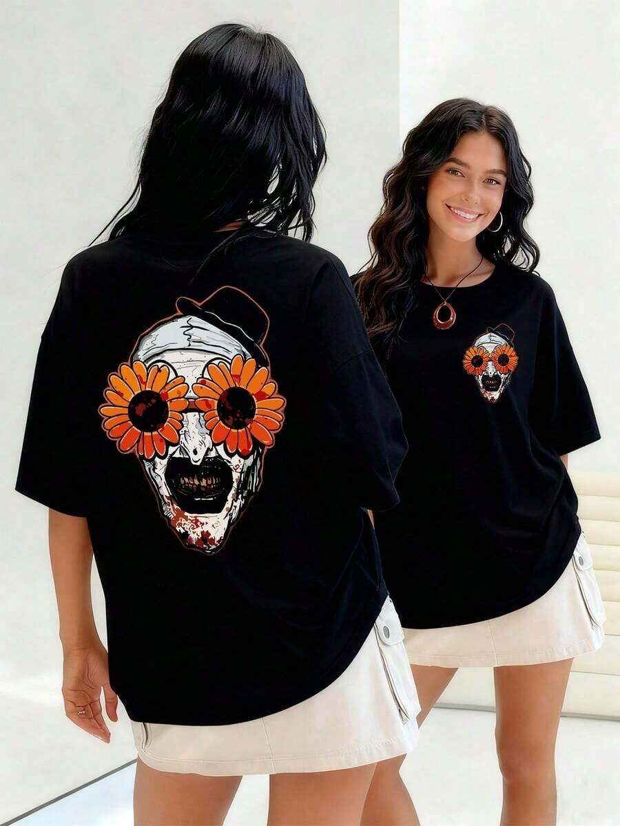 Skull With Vibrant Sunflowers Obscuring Its Eyes, Women's T-Shirt, 100% Cotton; Represents A Colorful And Optimistic Rebirth, Celebrating Life In Memory Of The Deceased. Suitable For Spring, Summer And Autumn - Black - View 1