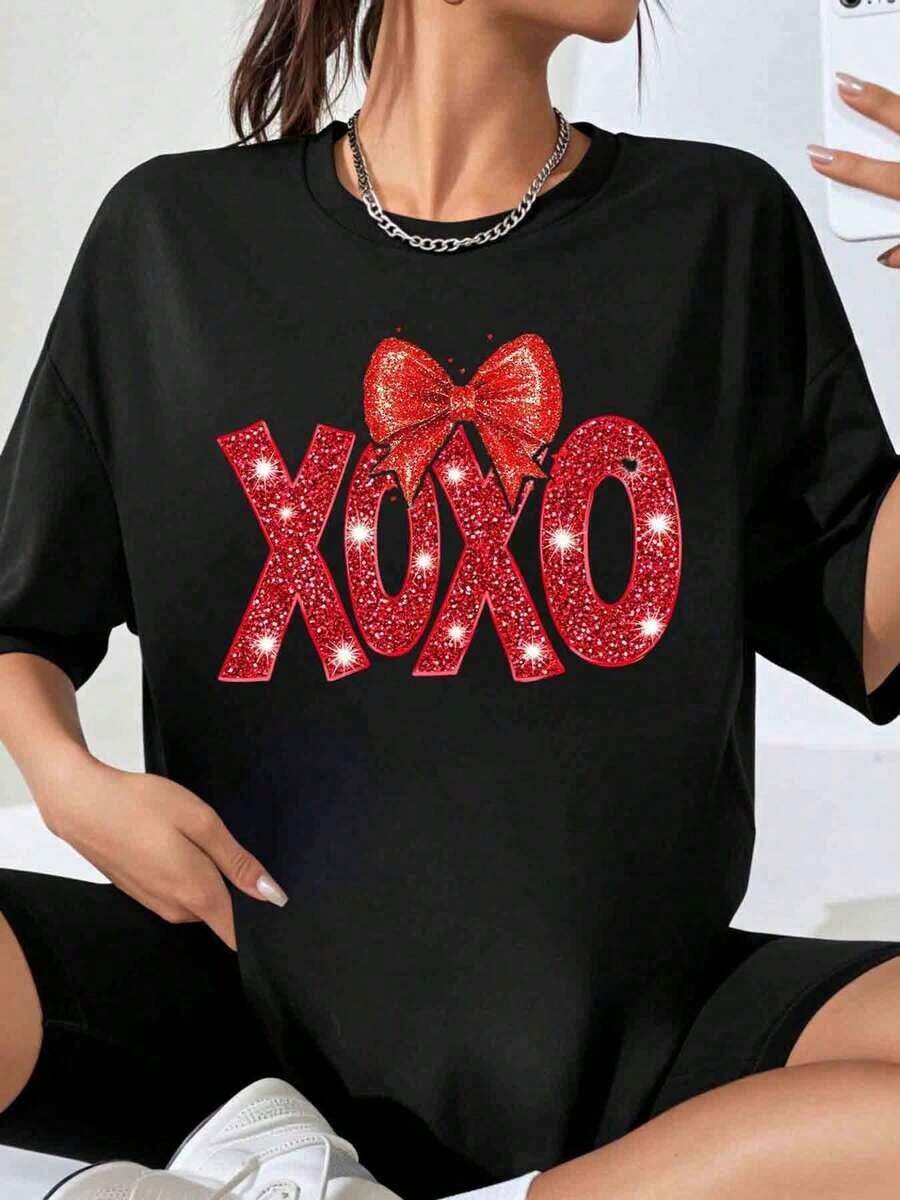 Women's Xoxo Oversized T-Shirt With Glitter Bow Print, Fashionable Casual Top With Sparkly Letter Design, Loose Fit T-Shirt For Valentine's Day And Parties - 黑色 - 查看 1