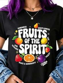 Women's Casual T-Shirt, Crew Neck, Short Sleeve | Fruits Of The Spirit Christian Design With Colorful Fruits And Inspirational Words Heat Transfer Print | Spiritual Message And Vibrant Artwork 100% Durable Cotton - 黑色 - 查看 1