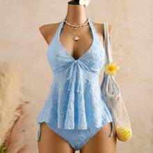 Traje de baño de encaje con cuello halter, tirantes ajustables, volantes, bikini de dos piezas que realza la figura, ideal para aguas termales. - Rosa Fucsia - Ver 5