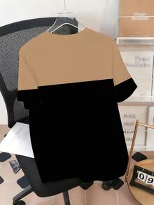 Casual sportset för herrar - "Minimalistisk kontrastfärg BALANCE rutmönster" mönsterdesign, stickad polyesterväv, rund halsringning, shorts med dragsko, fickor, regular fit, lämplig för plus size - Kaki - Visa 2