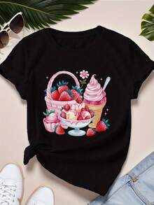 Strawberry-Themed Desserts And Items. Women's Short-Sleeved Sports T-Shirt. A Very Distinctive Printed T-Shirt / Unisex Style / Suitable For Both Men And Women / Wrinkle-Resistant / Breathable - 黑色 - 查看 12