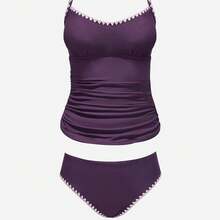 Traje de baño de una pieza para mujer, bikini de dos piezas de color sólido, estilo sencillo. - Morado oscuro - Ver 12