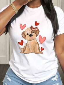 Women's Valentine's Day T-Shirt With Puppy Design, Round Neck, Short Sleeve, Medium Elasticity Fabric, Suitable For Spring, Summer And Autumn Casual Wear, Machine Washable, Fun Design - White - View 1