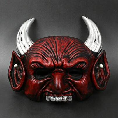 Halloween Half Face Devil Mask With Red Latex Horns For Men And Teens, Scary Cosplay Costume Accessory For Halloween Party And Dress-U