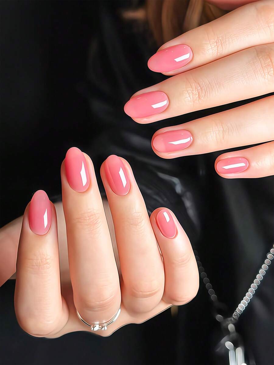 24pcs Short Oval Cute Pink Solid Color Full Coverage Press-On Nails For Women And Girls, Romantic Style, Includes 1 Adhesive Sheet And 1 Mini Nail File, Suitable For Summer Party, Office And Daily Wear, Randomly Shipped - Multicolor - View 1