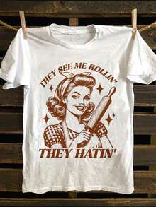 1 Piece Women's Vintage Style T-Shirt "They See Me Rollin' They Hatin'" - Fun And Cheerful Graphic Tee, Lightweight Cotton Blend, Perfect For Baking Enthusiasts And Food Lovers - Ideal Gift For Birthdays, Cooking Events Or Casual Outings 180g 100% Cotton - 白色 - 查看 1