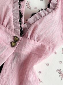 Camisa sin mangas con cuello en V rosa a rayas, encaje y parches, camisa sexy y elegante para fiestas, encanto sexy para vacaciones en la playa, festival de música Y2K primavera/verano - Rosa - Ver 7