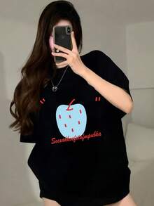 FashionNEW Women's Short Sleeve T-Shirt, 100% Thick Cotton With Cartoon Print, Casual And Flattering Korean Style, Loose Fit Crew Neck - Unisex Cotton Short Sleeve Crew Neck T-Shirt, Vintage Urban Style - 黑色 - 查看 8