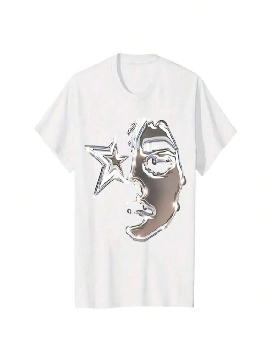 Love You Gift,Men's Figure &amp; Star Print Drop Shoulder Tee Casual Regular Fit Street Fashion Short Sleeve Round Neck T-shirt for Daily Wear Men's Clothes for Summer - Weiss - Übersicht 1