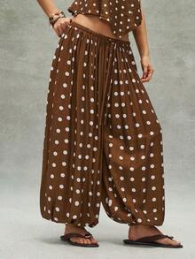 Pantalones sueltos de mujer con cordón y estampado de lunares tejido informal - Marrón - Ver 4