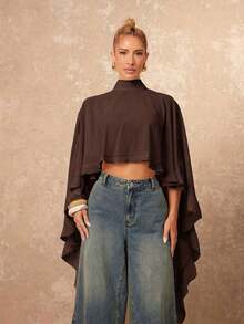 Nueva llegada Blusa elegante de mujer de alta gama con cuello suelto, bajo asimétrico con volantes, parte delantera corta y parte trasera larga - Marrón - Ver 4