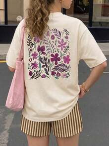 Conjunto de camiseta de manga corta holgada con estampado floral y pantalones cortos a rayas para mujer, adecuado para vacaciones en la playa, traje de mujer, conjunto de verano para mujer, atuendo de vacaciones, ropa de viaje, estilo de playa, ropa de vacaciones minimalista elegante en color rosa - Albaricoque 2 - Ver 2