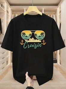 Summer 2026 Pure Cotton T-Shirt, Men's 100% Cotton T-Shirts, Round Neck T-Shirt With Sunglasses, Palm Trees And The Word "Cruisin" Print In Vintage Style. Comfortable And Casual Short-Sleeved T-Shirt For Summer - Unisex Urban Vintage Style, Loose Fit, Cotton, With Round Neck. - 黑色 - 查看 7