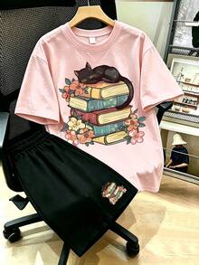 花卉貓咪印花T恤與短褲兩件套，大尺碼女款夏季套裝，適合夏季度假、海灘、假期、春季、情人節、嘉年華、日常穿著、外出、野餐、節慶、海灘、派對、生日、海灘、聚會、舞蹈、學校、音樂節、度假、通勤、健身、婚禮、新年、春季上衣，女款夏季套裝，女款度假服飾 - 彩色 - 查看 1