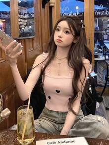 甜美火辣女孩极简性感蕾丝边针织吊带背心，女士春夏叠穿无袖设计，饰有心形刺绣，粉色 - 粉色 - 查看 5