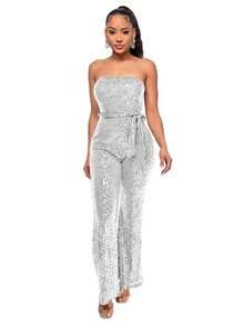 New Women's Jumpsuit, Hot Style, Sleeveless, Sequined, Backless, With Ribbons, Tube Top, Sexy Design, Perfect For Photoshoots, Nightclubs, Parties And Evening Looks - 銀白色 - 查看 8
