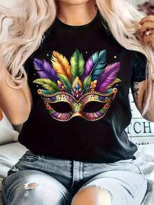 Camiseta casual para mujer con estampado, cuello redondo, mangas cortas, tejido ligeramente elástico, estilo regular, parte superior cómoda para todas las estaciones, ropa de mujer. - Negro - Ver 1