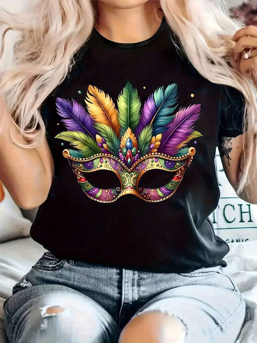 Camiseta casual para mujer con estampado, cuello redondo, mangas cortas, tejido ligeramente elástico, estilo regular, parte superior cómoda para todas las estaciones, ropa de mujer. - Negro - Ver 1