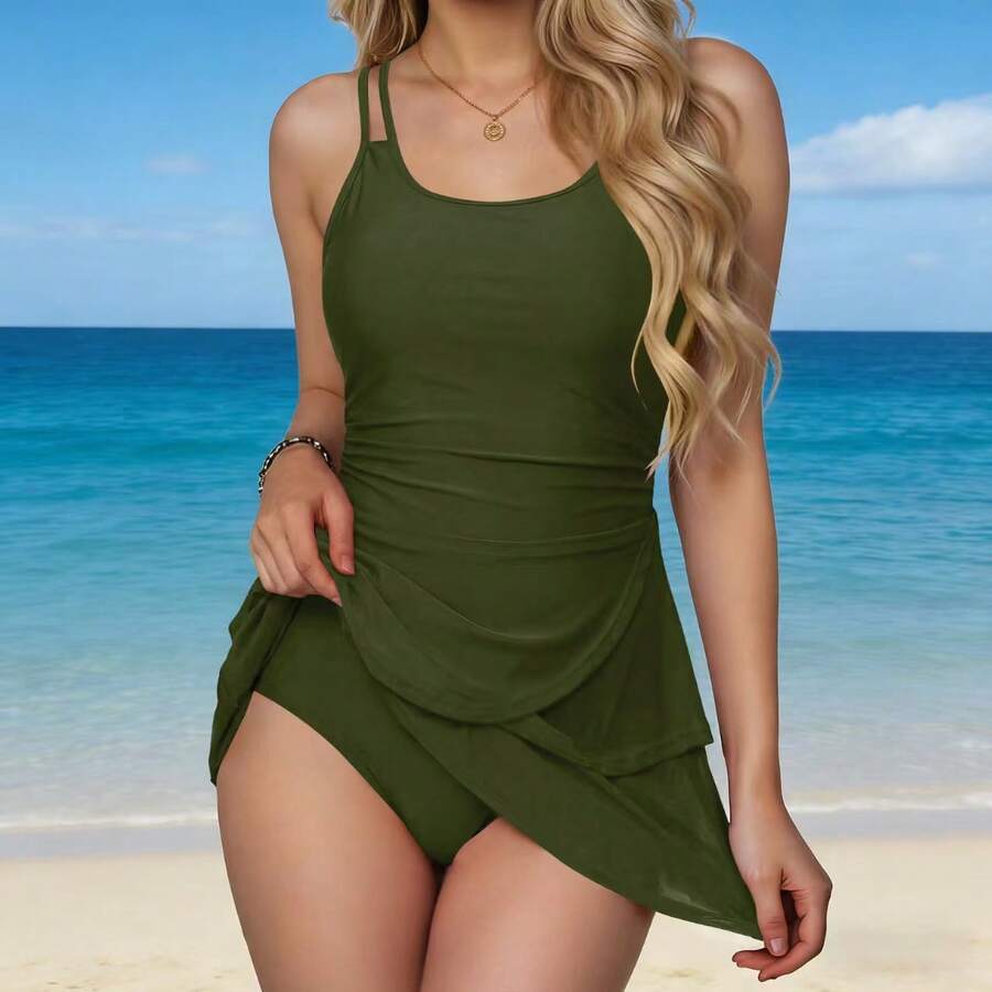 Traje de baño de una pieza para mujer, estilo falda, adelgazante y que disimula el abdomen, traje de baño conservador de estilo europeo y americano. - Verde Oscuro - Ver 1