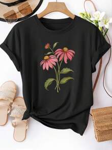 Women's T-Shirt With Wildflower Floral Print, Short Sleeve T-Shirt, Round Neck Top For Women, Casual T-Shirt, Suitable For Daily Wear In Spring/Summer, Women's Clothing. - 黑色 - 查看 1