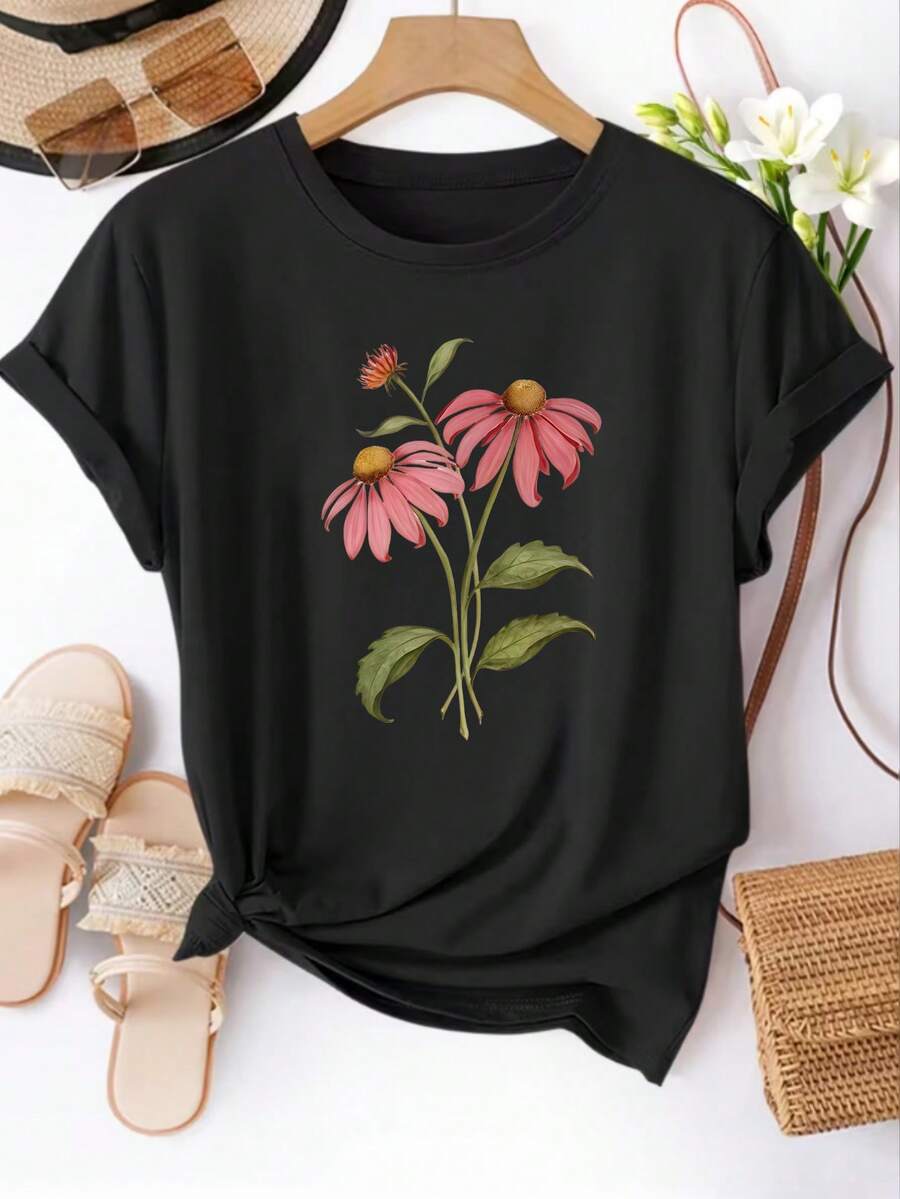Women's T-Shirt With Wildflower Floral Print, Short Sleeve T-Shirt, Round Neck Top For Women, Casual T-Shirt, Suitable For Daily Wear In Spring/Summer, Women's Clothing. - 黑色 - 查看 1