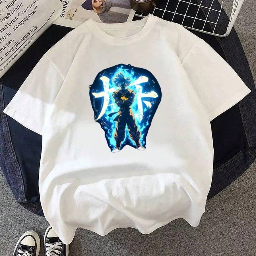 Camiseta unisex con diseño de kanjis del aura del Ultra Instinto de Gokuss, estilo retro, anime y dibujos animados. Camiseta informal de verano de corte holgado. - Blanco - Ver 1